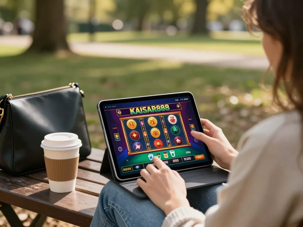 Kaisar 888 gaming experience outdoors with online tablet gameplay, inviting coffee moment.