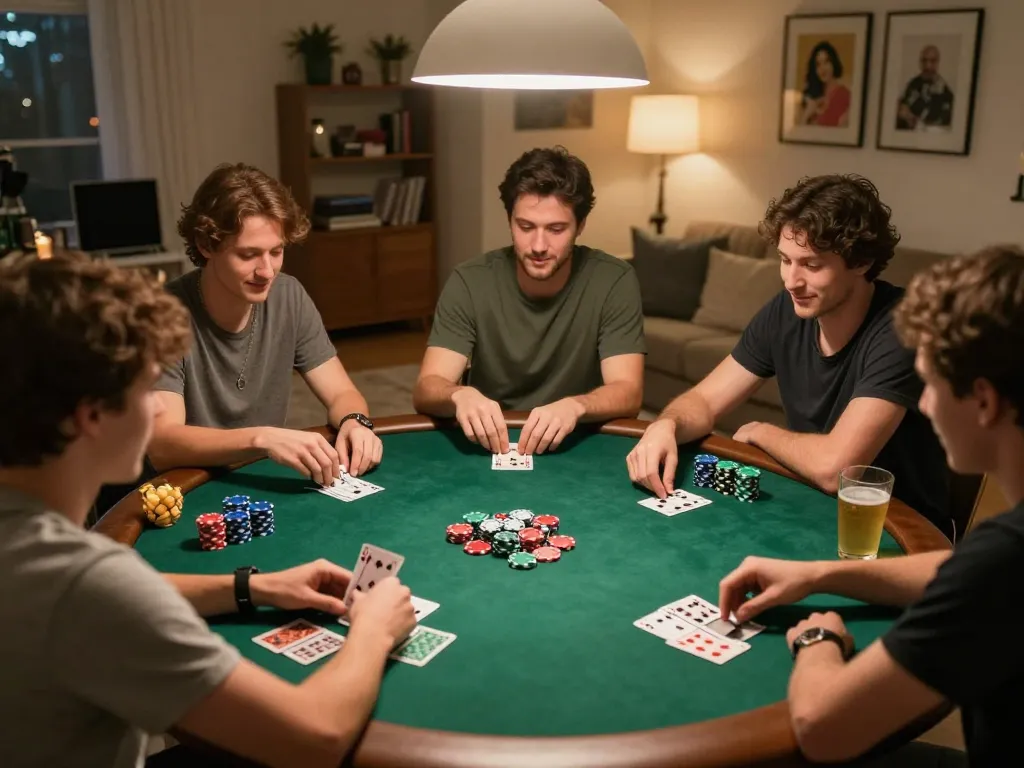Friends enjoying a poker night, showcasing rokok88 strategy and camaraderie around a colorful table.