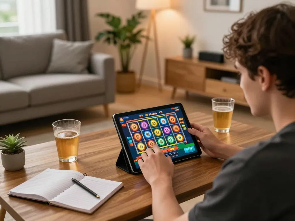 Engaging in a slot pulsa game on a tablet at home, combining strategy with comfort.