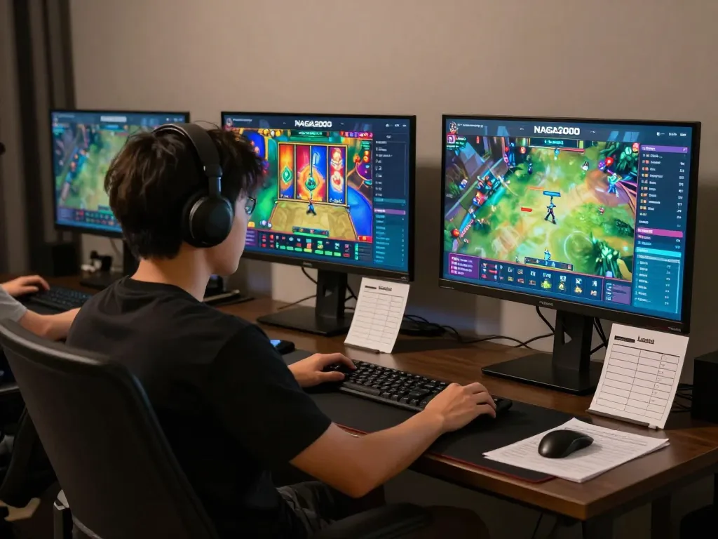 NAGA2000 online gaming scene with multiple screens displaying vibrant slot graphics and player strategy.