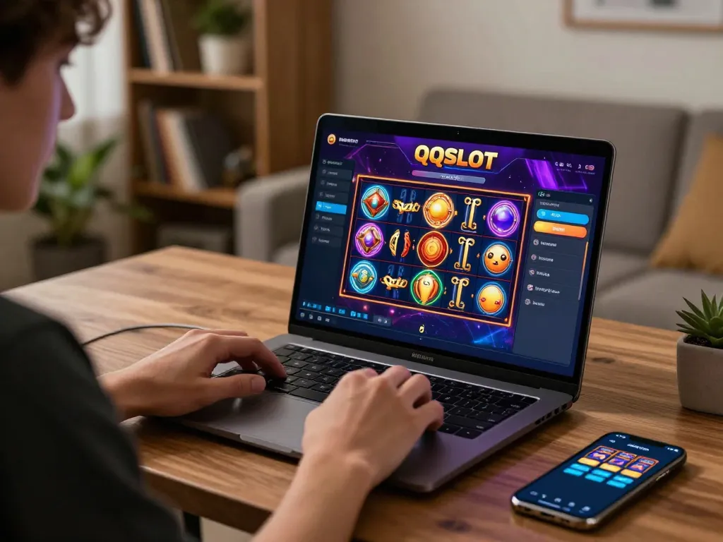 Pemain menikmati qqslot situs slot server Indonesia anti rungkad di laptop dalam pengaturan rumah yang nyaman.