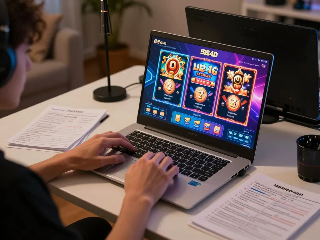 Engaging in sis4d online gaming with vibrant slot displays and strategy notes at home