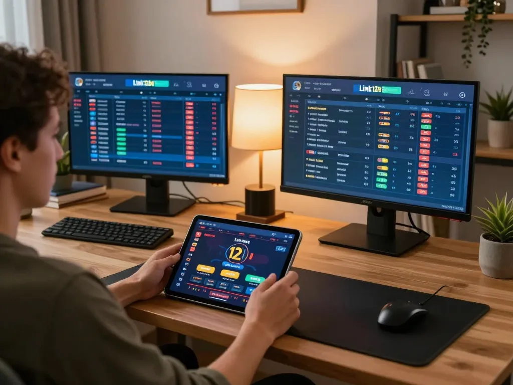 Cảnh tượng hấp dẫn cho thấy người dùng truy cập giao diện trực tuyến của Link 12bet trên máy tính bảng, xung quanh là một thiết lập chơi game thoải mái và chiến lược tại nhà.
