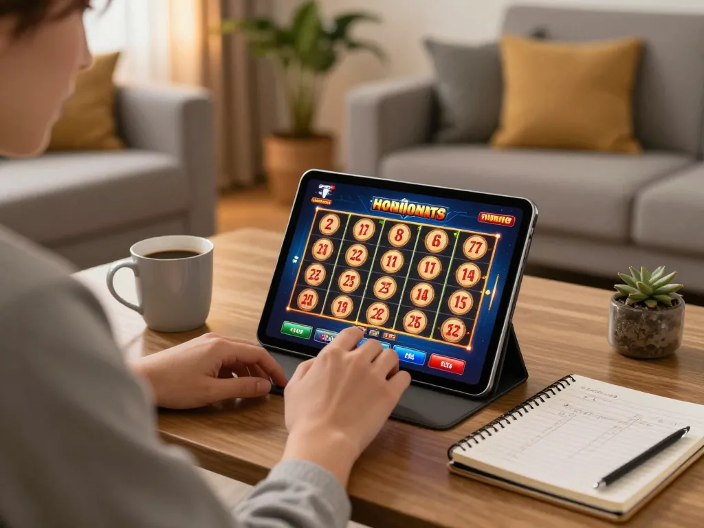 Engaging player enjoying toto slot on a tablet with strategy notes in cozy home setting.