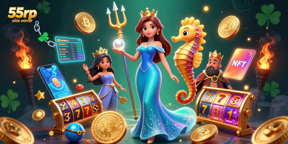 Winning at 55rp situs mirror with vibrant casino elements, showcasing an energetic scene filled with slot reels and treasures.