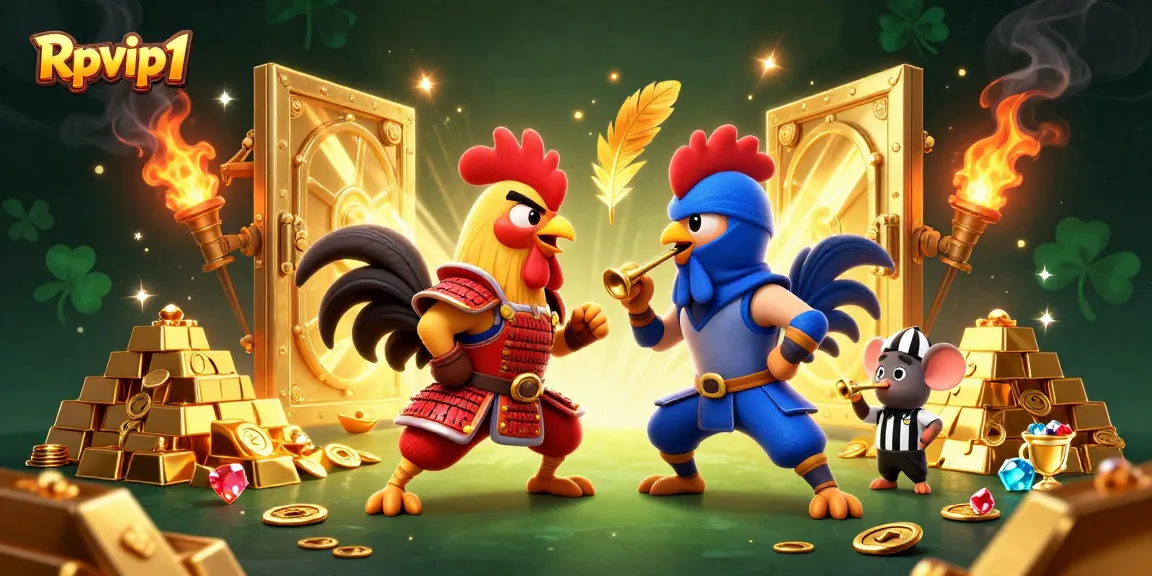 Rpvip1 menampilkan dua ayam jantan dalam pertarungan judi yang mendebarkan dengan elemen emas yang kaya