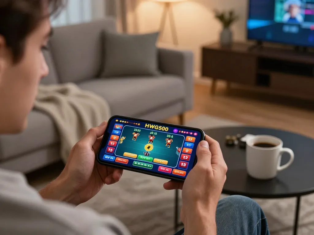 Engaging live dealer gameplay on HWG500 smartphone amidst a cozy home setup.