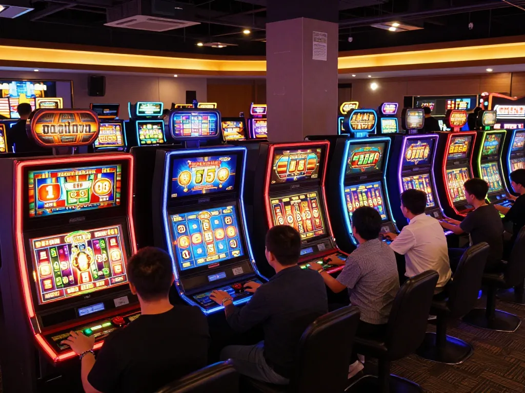 Main OKESlot Deposit Qris Tanpa Potongan menampilkan mesin slot yang cerah dengan pemain bersemangat siap untuk menang