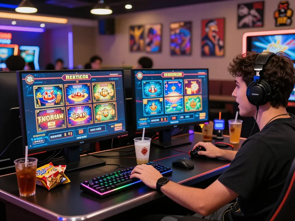Engaged player enjoying MM88 online casino games at a dynamic gaming setup with vibrant lights and dual monitors.