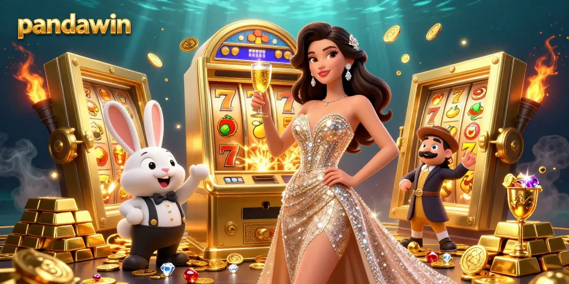 Pandawin menampilkan permainan slot yang mendebarkan dengan seorang wanita menakjubkan yang merayakan di samping mesin slot jackpot emas.
