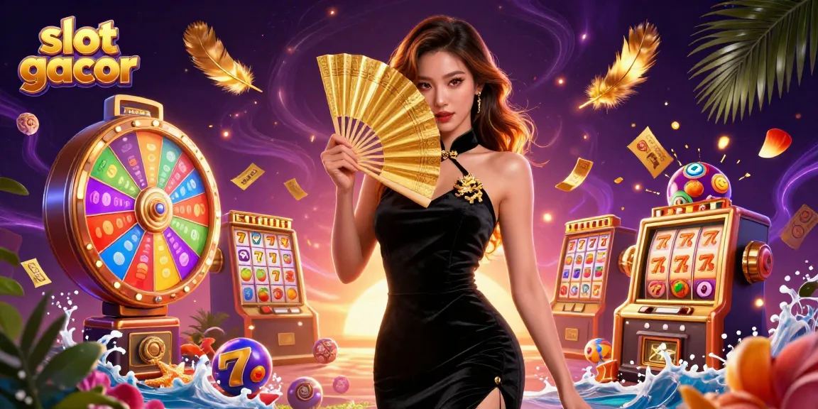 Engage with slot gacor excitement featuring a stunning Asian woman amidst dynamic slot reels and vibrant game visuals.