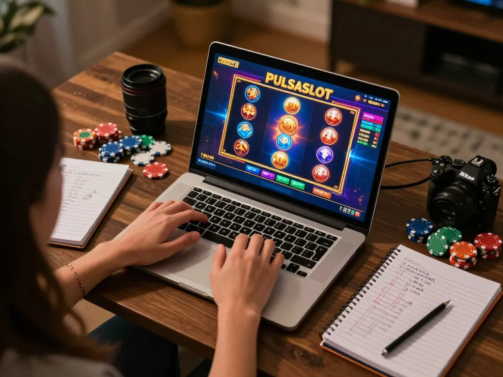 PULSASLOT SLOT ONLINE TERPERCAYA engaging gameplay on a laptop amidst strategic betting notes.