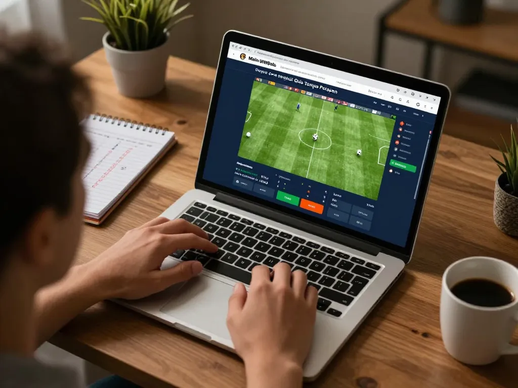 Main WWBola Deposit Qris Tanpa Potongan highlights online betting experience with a focused player engaging in live soccer bets.