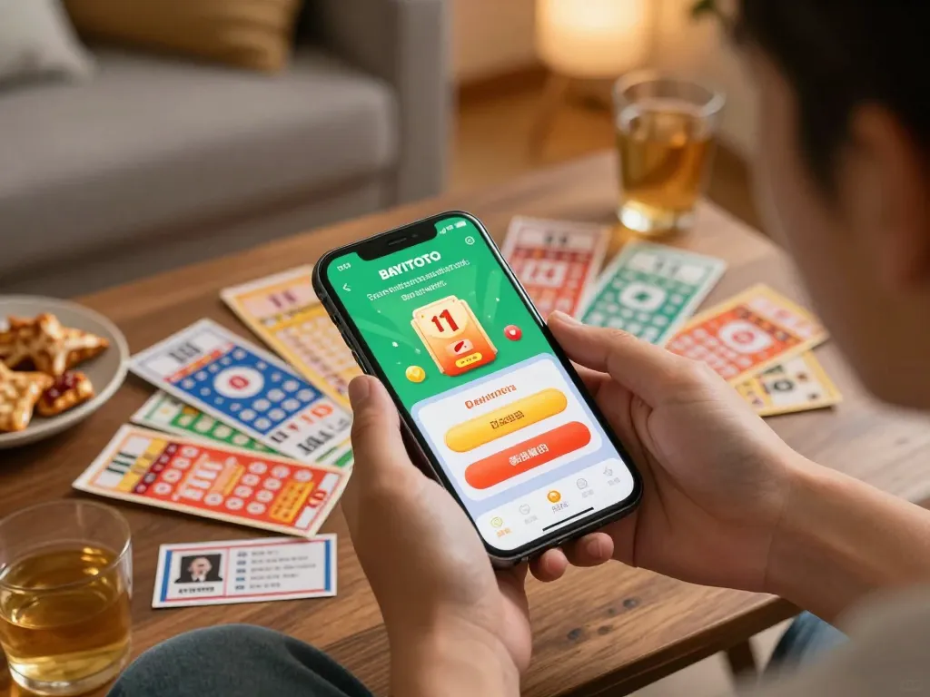 Players using BAYITOTO for online lottery tickets while enjoying a cozy home atmosphere.