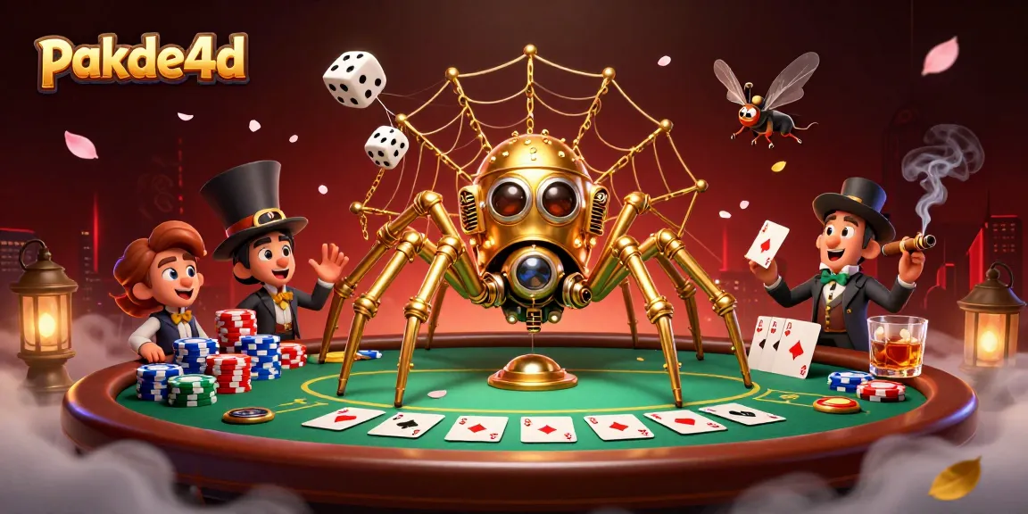 Experience pakde4d's thrilling world of online gambling with a 3D steampunk spider catching dice.