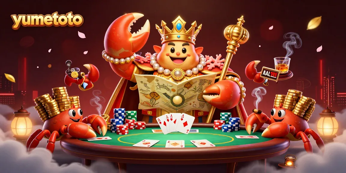 Engage with yumetoto, a vibrant 3D scene showcasing a golden crab emperor surrounded by dynamic poker elements.