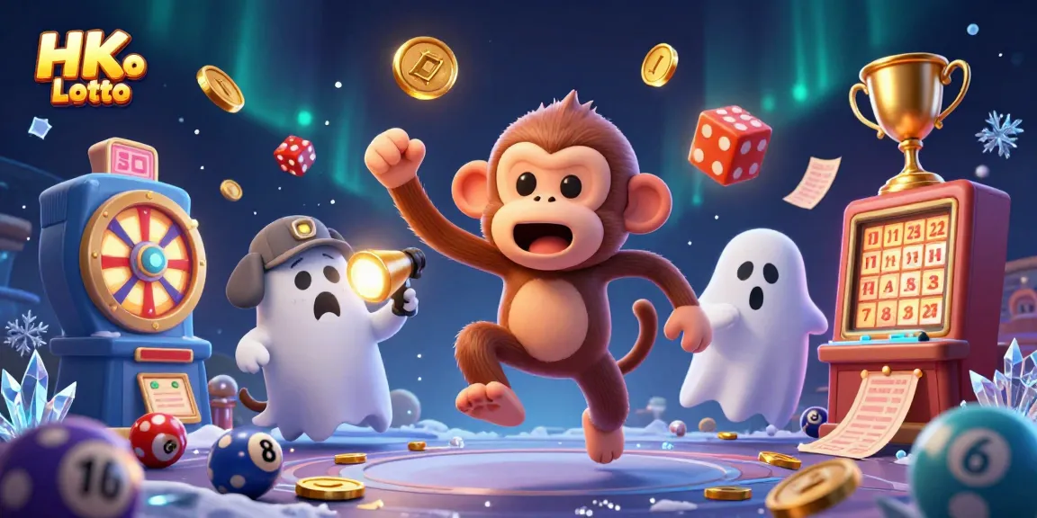 Experience an exciting moment with HK Lotto as a poltergeist monkey juggles lottery elements in a haunted casino.