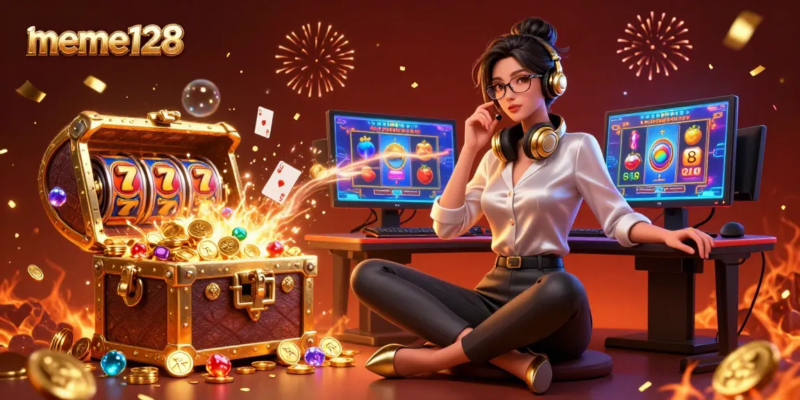 Engage with meme128 slots, showcasing an Asian woman professional gamer in an immersive casino world.