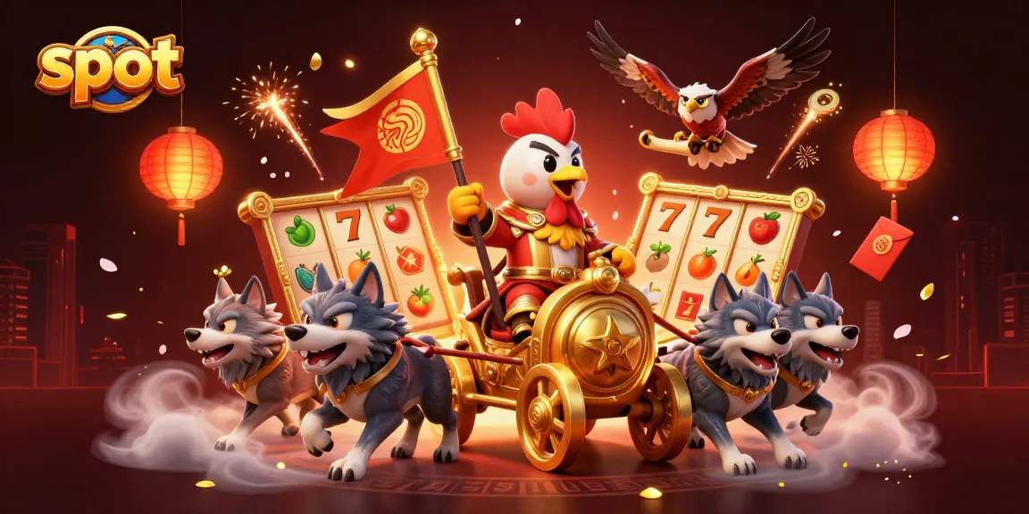 Engage with slots as a rooster warlord leads a dynamic, vibrant casino scene.