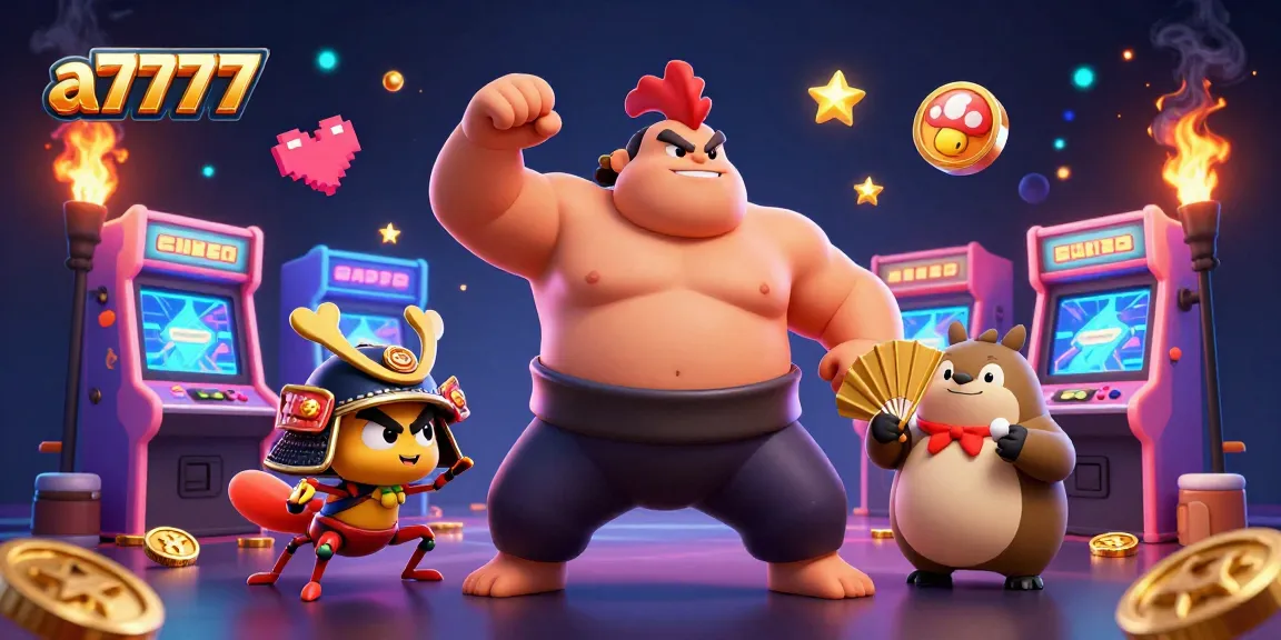 a7777 menampilkan ilustrasi 3D kasino dengan karakter sumo, jangkrik, dan tanuki, penuh warna dan interaktif