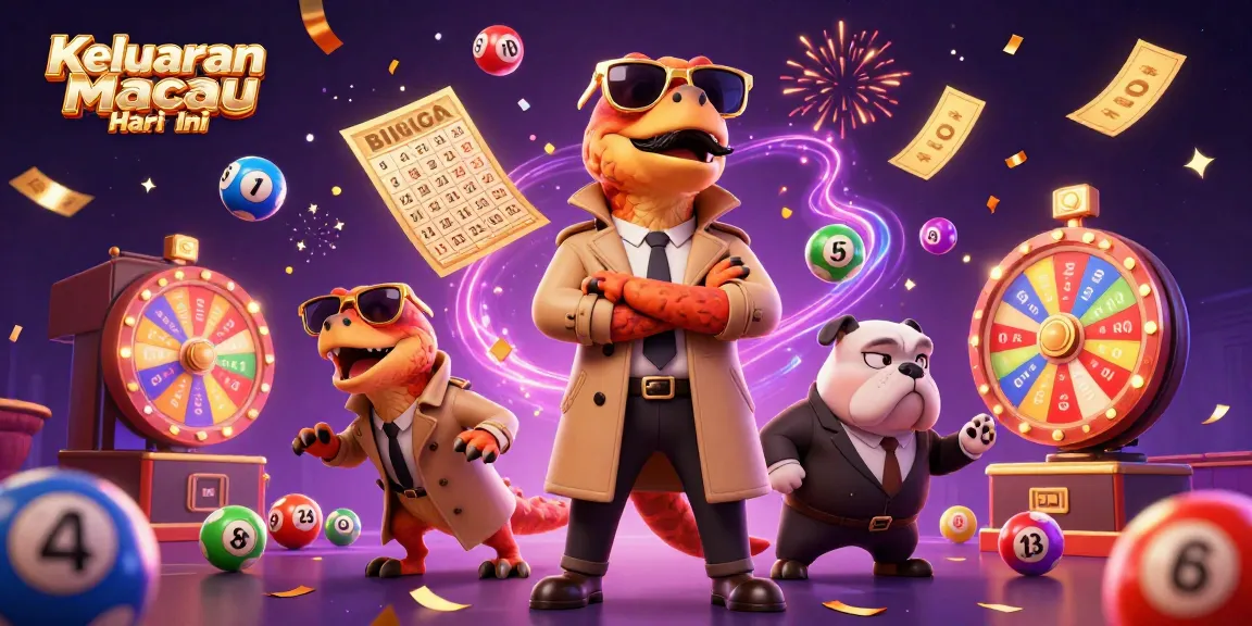 Engage with Keluaran Macau Hari Ini featuring cartoon raptors at a casino, surrounded by colorful lottery elements.