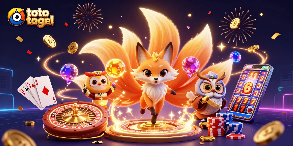 Engage with toto togel through vibrant 3D art featuring a glowing nine-tailed fox and owl sage amidst dynamic casino elements.