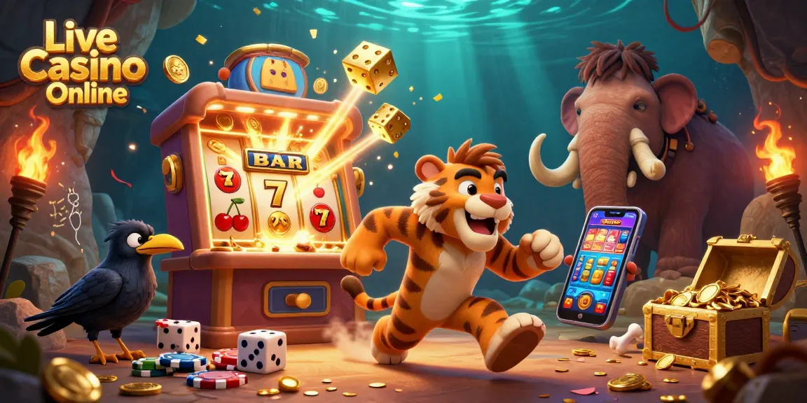 Experience excitement with Live Casino Online in this vibrant, lively scene showcasing animated characters and casino elements.
