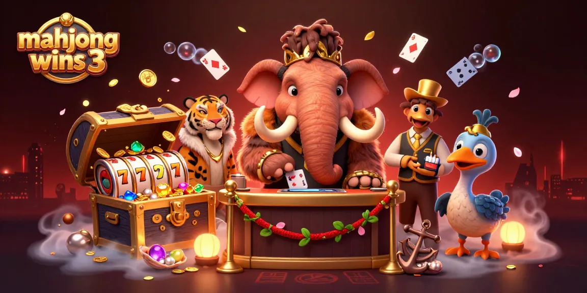 Engage with mahjong wins 3 through a vibrant 3D illustration of a woolly mammoth casino bouncer and VIP guests.