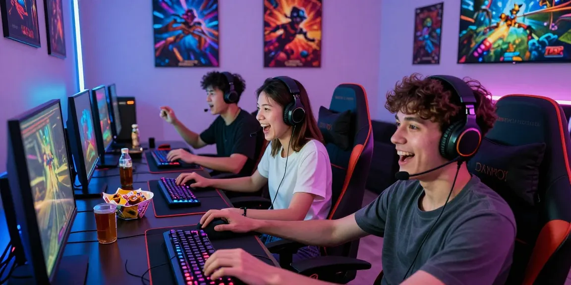 Exciting gaming session featuring young adults enjoying situs raffi ahmad online games in a vibrant gaming room.