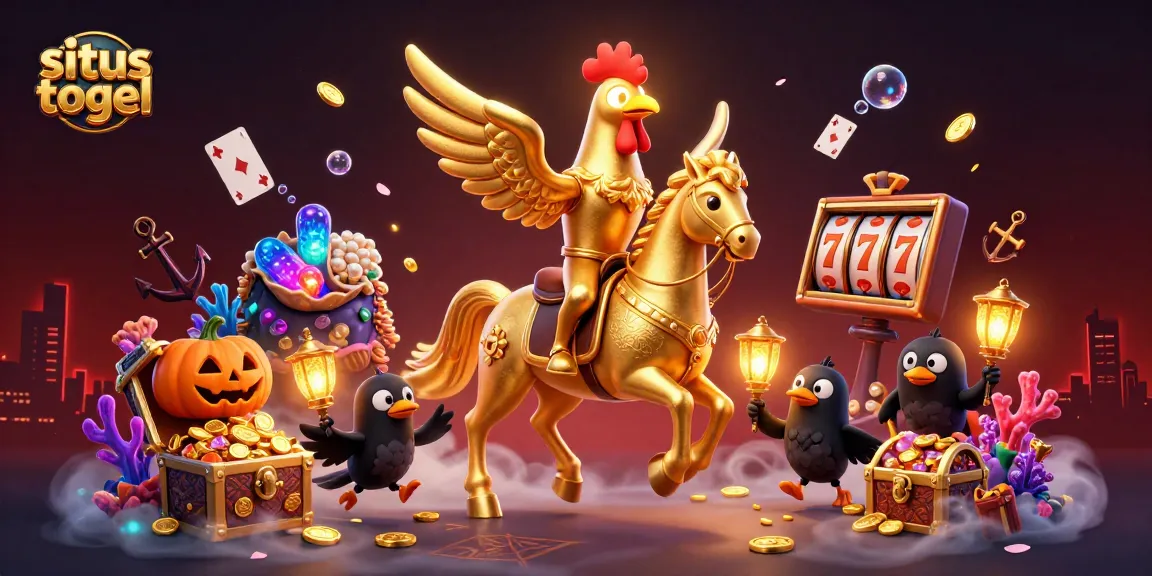 Situs togel gaming scene with golden rooster, spectral horse, and casino elements like slot reels.