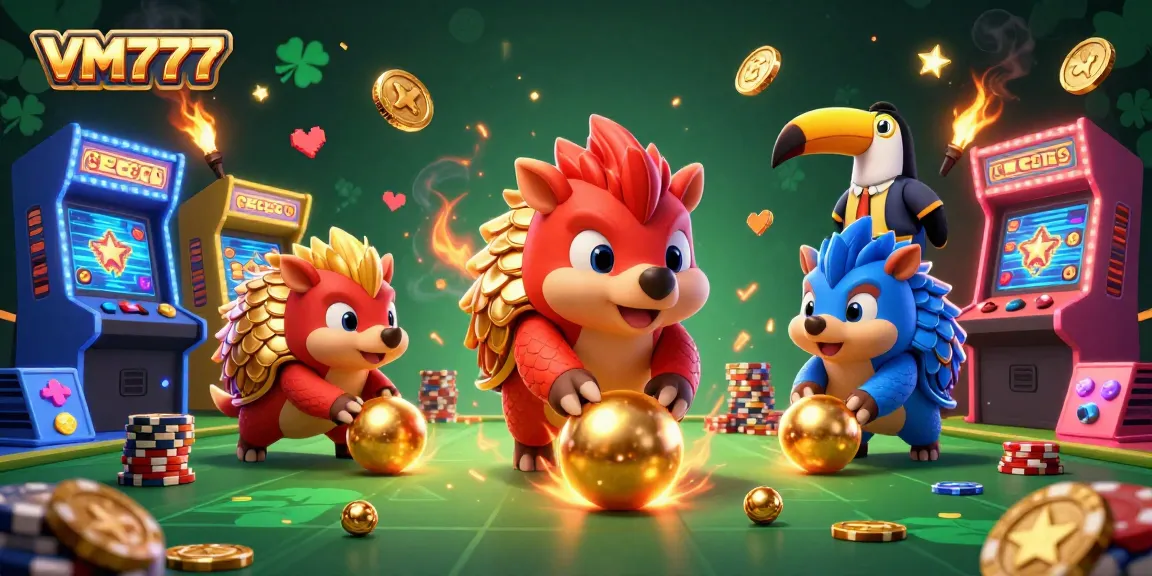 VM777 pangolins in animated battle amid poker chips and arcade games in vibrant casino scene