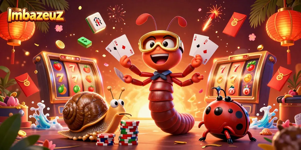 Menggandakan kemenangan slot di Imbazeuz dengan dealer kartun dan simbol keberuntungan yang mengelilinginya.