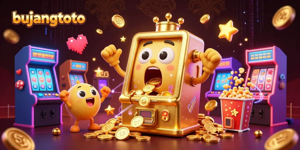 Bujangtoto menampilkan mesin slot emas kartun yang terkejut karena jackpot, dikelilingi oleh elemen permainan kasino dinamis.