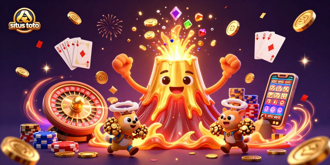 Experience the thrill of situs toto with a vibrant casino scene featuring a triumphant volcano and treasure-filled explorers.