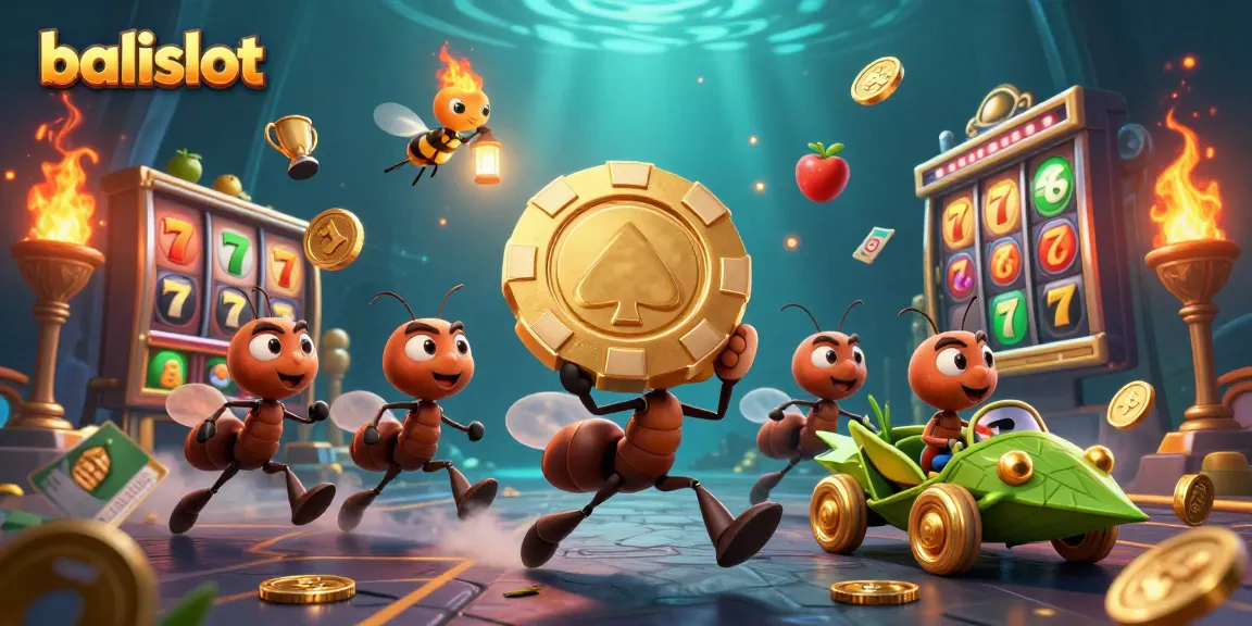 Tim 3D kartun semut mencuri chip poker emas raksasa dalam permainan slot yang mengasyikkan.