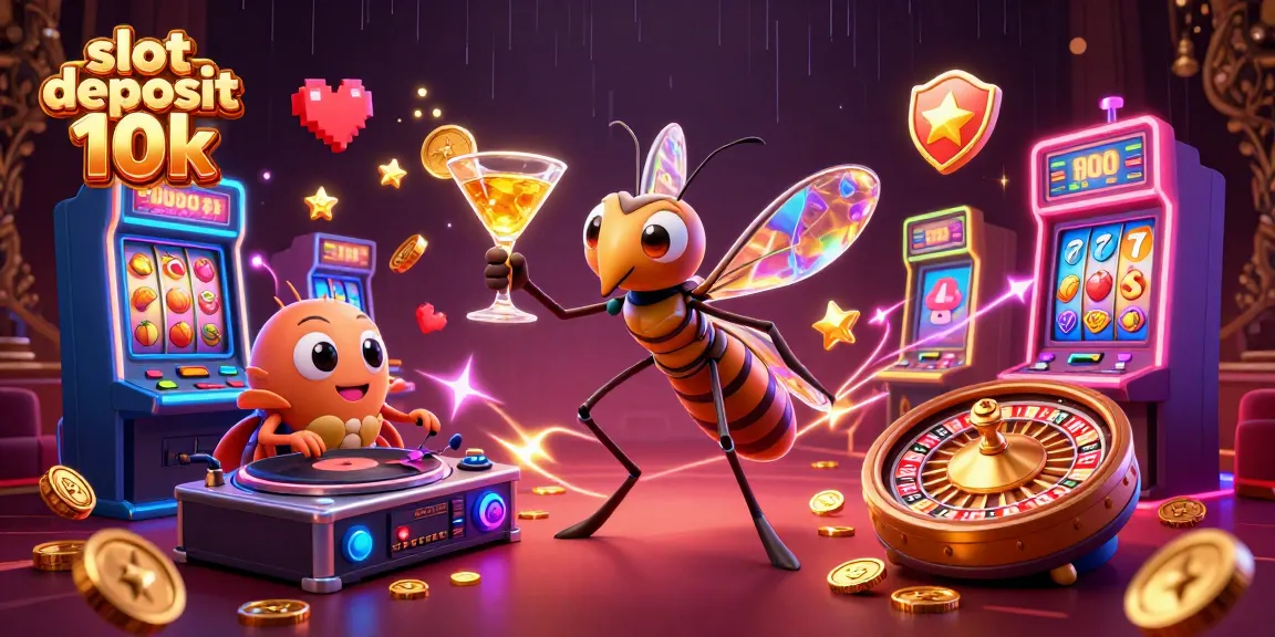 Slot deposit 10k: Ilustrasi 3D menampilkan karakter kasino dikelilingi mesin slot dan elemen permainan menarik.