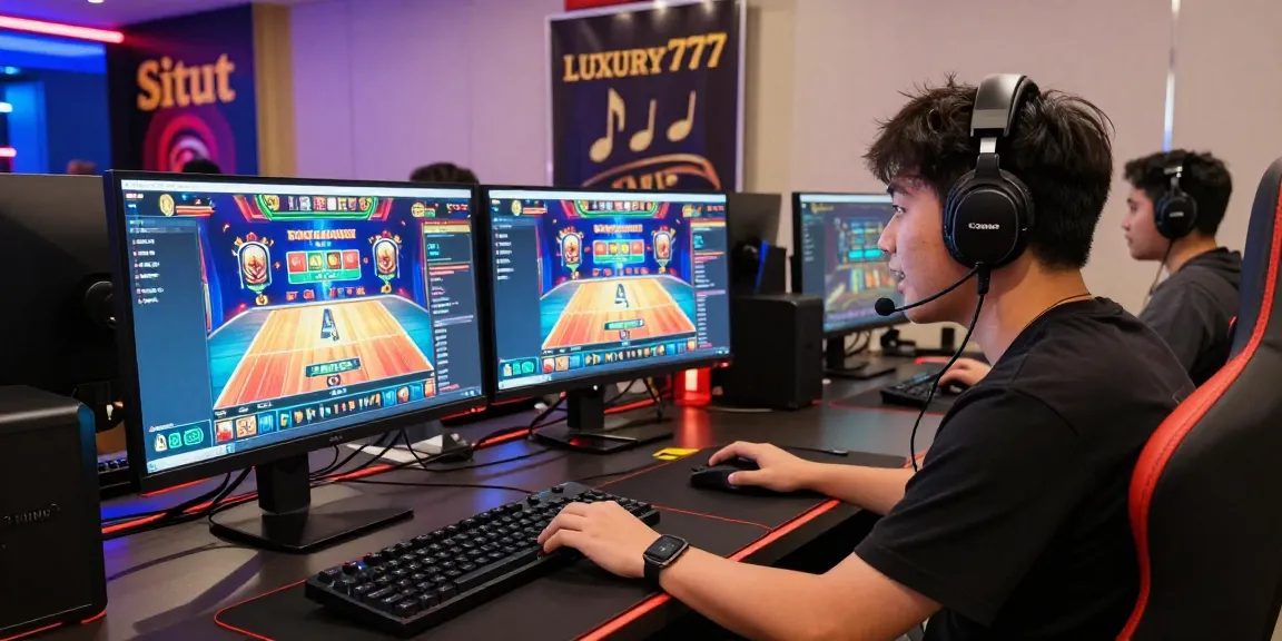 Pengalaman bermain di Situs LUXURY777 dengan gamer muda bersemangat di meja modern.