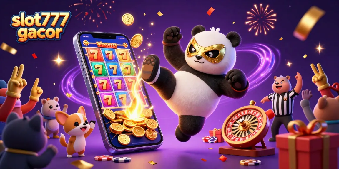 Bermain slot777 gacor dengan energik, panda pegulat 3D dan wasit chihuahua di arena casino.