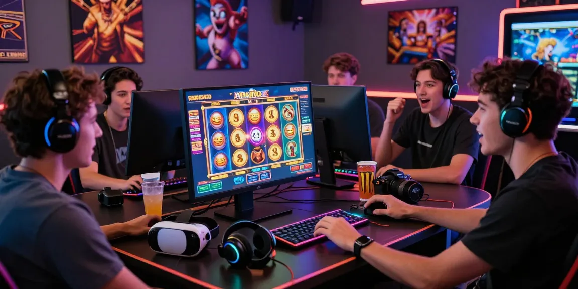 Group of friends enjoying slot online gaming night with vibrant visuals and gaming accessories